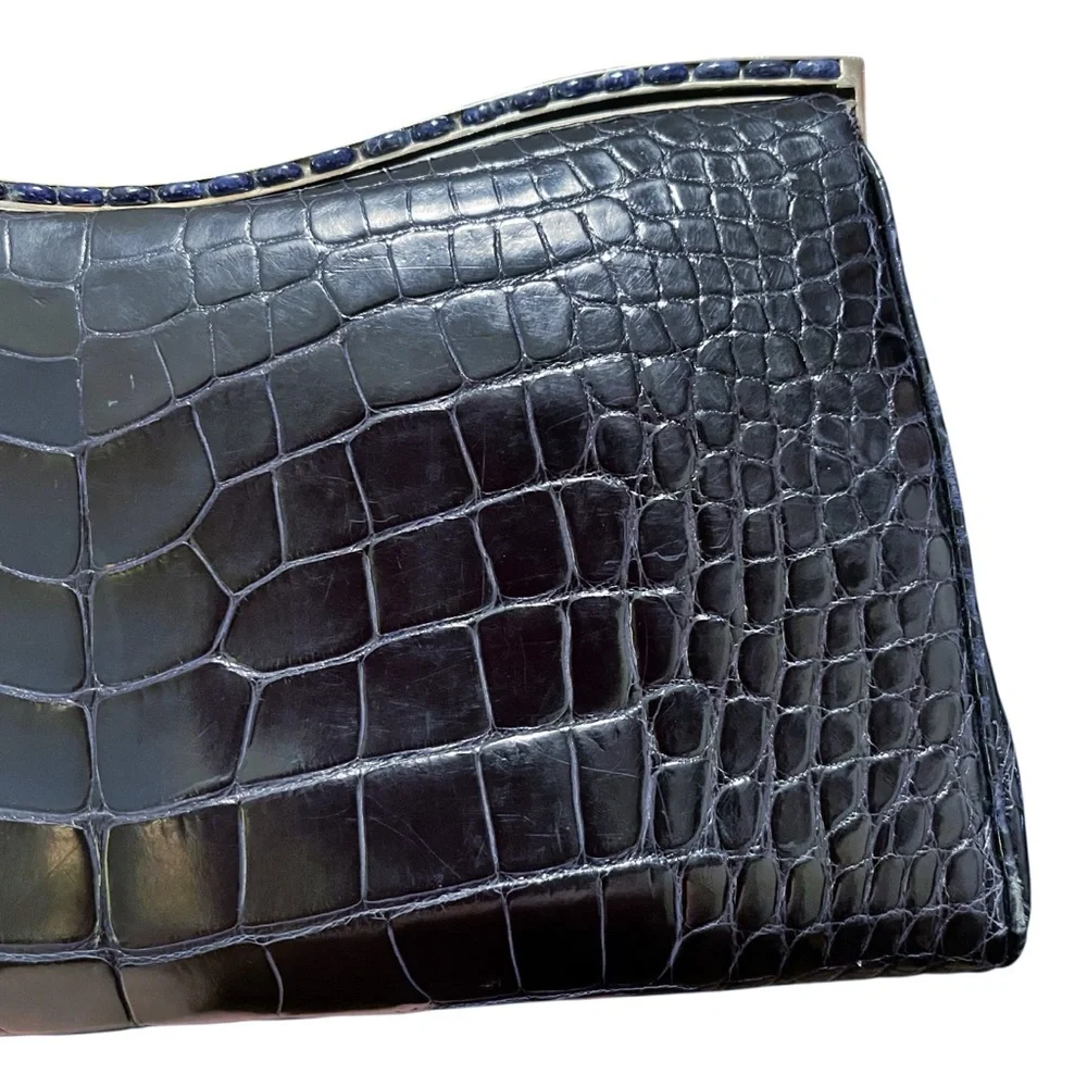 Judith Leiber Midnight Blue Alligator Clutch W/Silver Tone‎ & Lapis Stone Frame